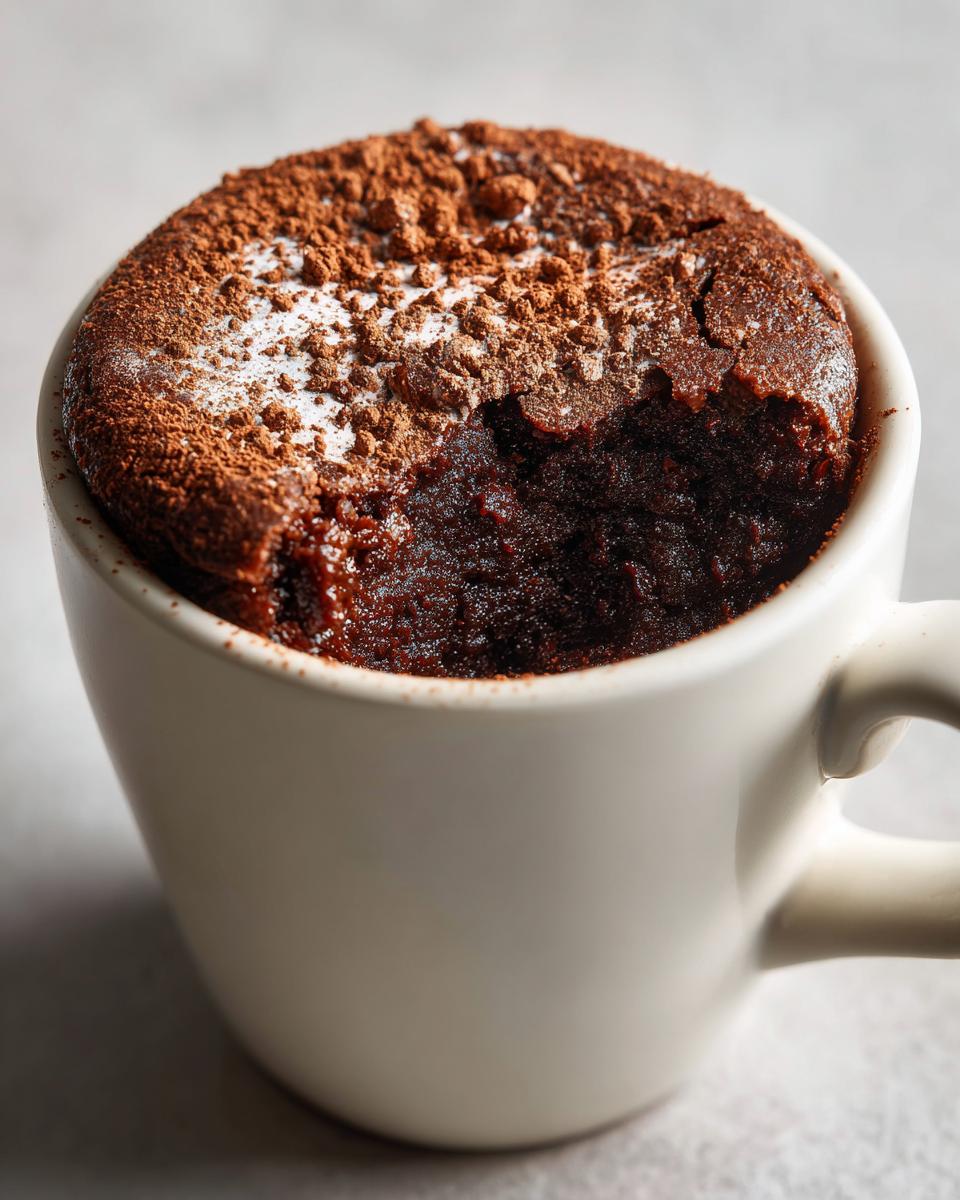 Close-up of a Cottage Cheese Microwave Brownie in a white mug, topped with cocoa powder.