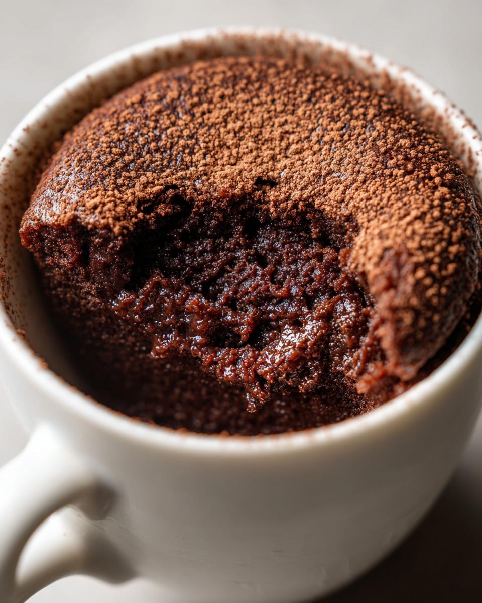 Close-up of a moist Cottage Cheese Microwave Brownie in a white mug, topped with cocoa powder.