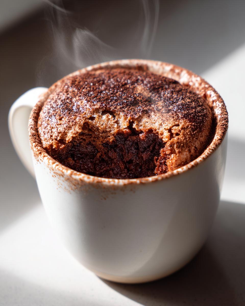 Steaming Cottage Cheese Microwave Brownie in a white mug, a bite taken out.