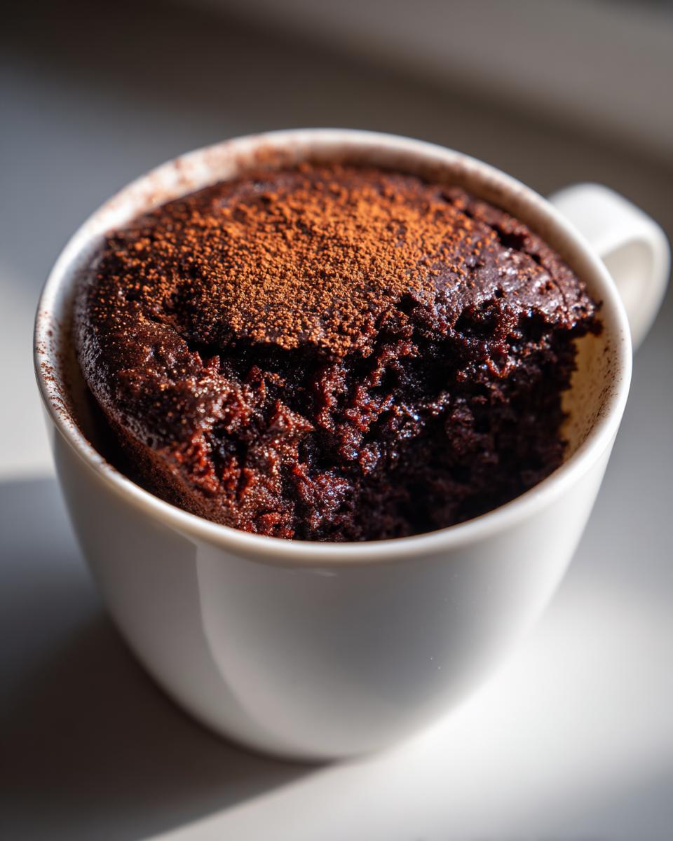 A delicious Cottage Cheese Microwave Brownie in a white mug, topped with cocoa powder.