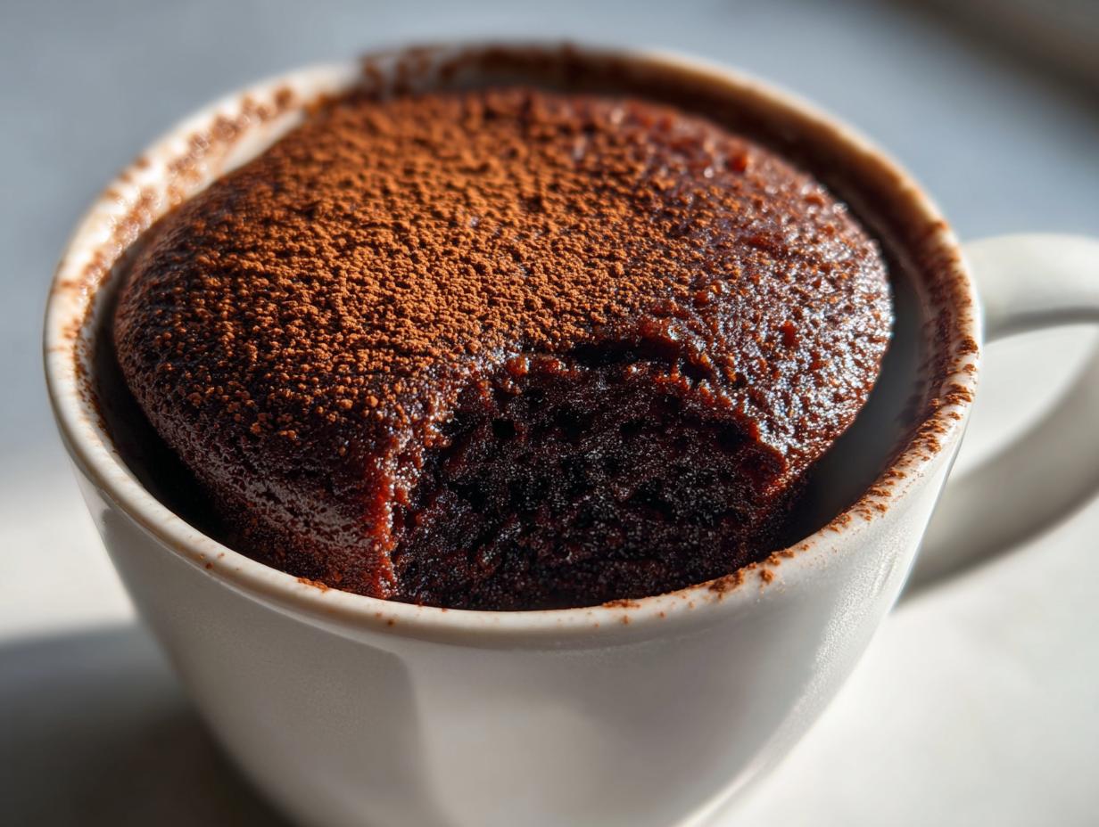A delicious Cottage Cheese Microwave Brownie in a mug, topped with cocoa powder.