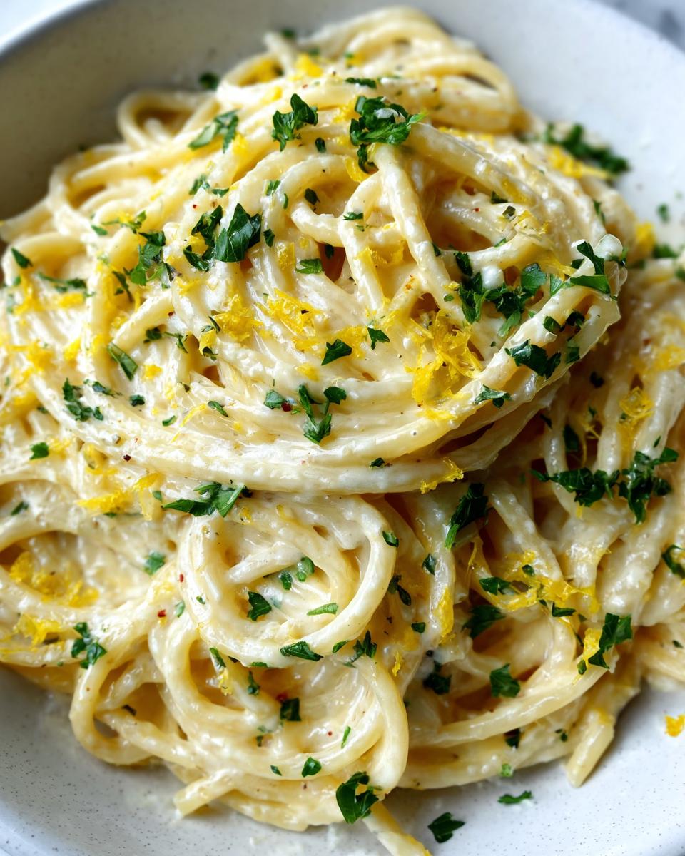 Close-up of Creamy Lemon Pasta, garnished with fresh parsley and lemon zest.