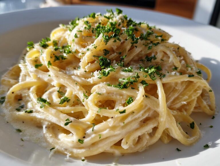 A serving of Creamy Lemon Pasta, garnished with fresh parsley and parmesan cheese, on a white plate.