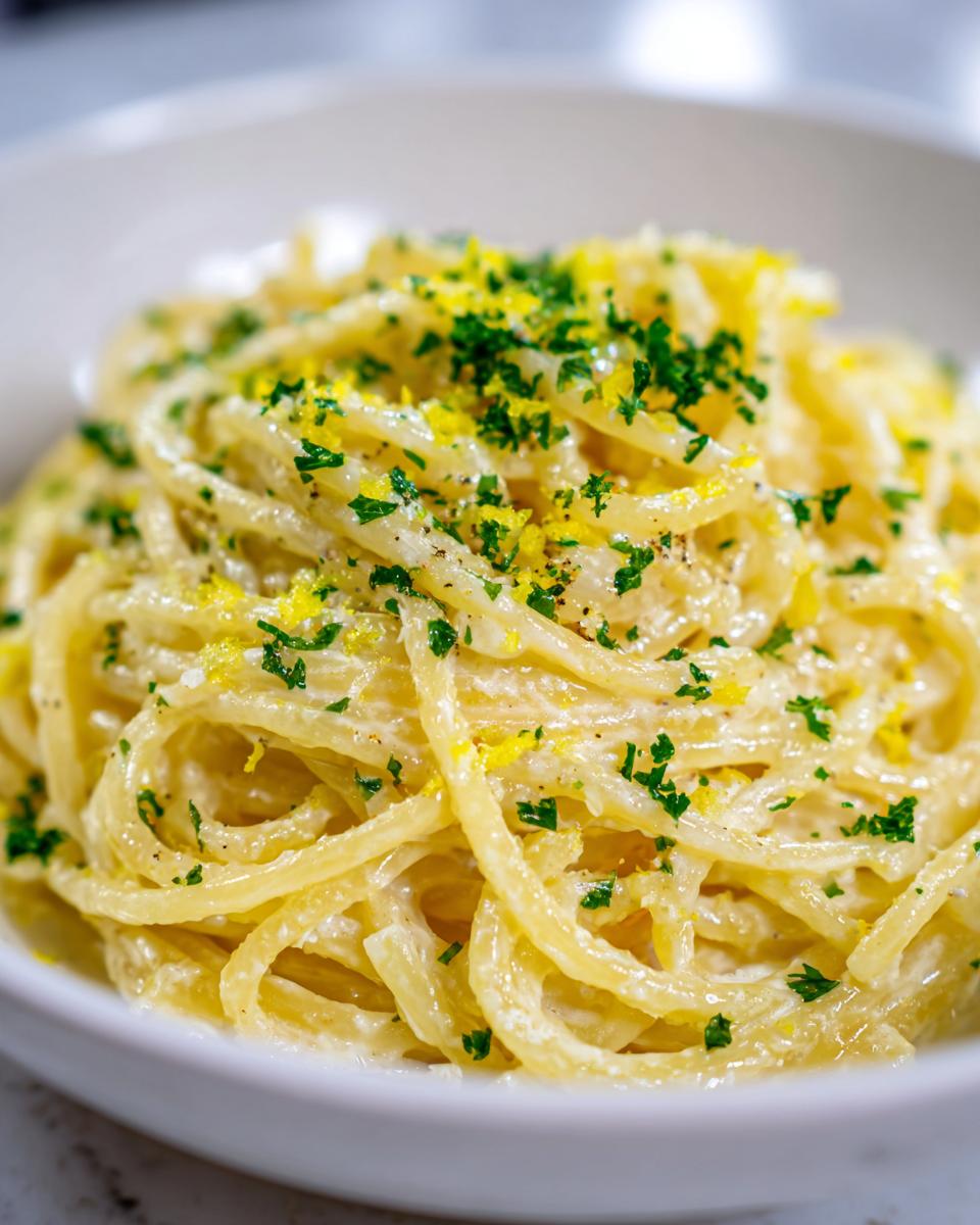 Close-up of Creamy Lemon Pasta in a white bowl, garnished with parsley and lemon zest.
