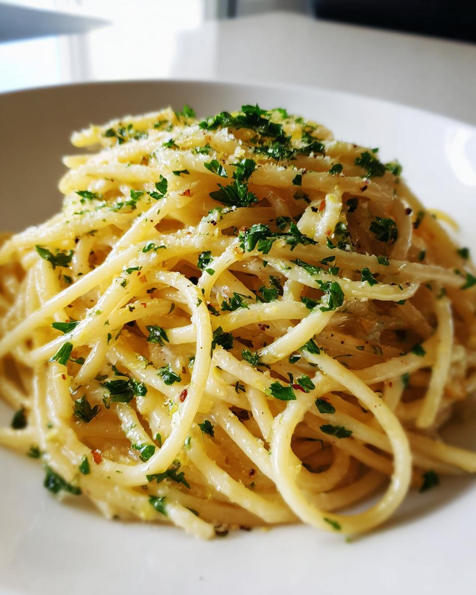 Close-up of a plate of creamy lemon pasta, garnished with fresh parsley and parmesan cheese.
