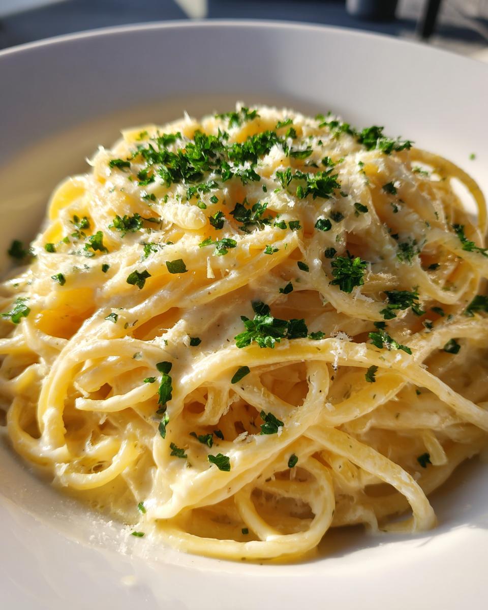 A plate of Creamy Lemon Pasta, topped with fresh parsley and parmesan cheese.