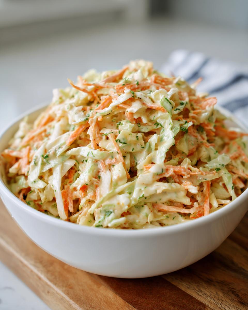 A bowl of creamy Southern coleslaw with shredded cabbage and carrots, ready to serve.
