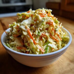 A bowl of creamy Southern coleslaw, featuring shredded cabbage, carrots, and a rich dressing.