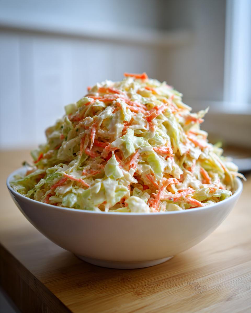 A bowl of creamy Southern coleslaw, featuring shredded cabbage and carrots in a rich dressing.