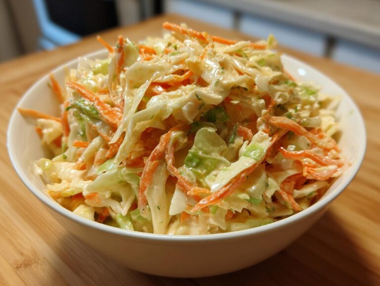 A bowl of creamy Southern coleslaw with shredded cabbage and carrots, coated in a rich dressing.
