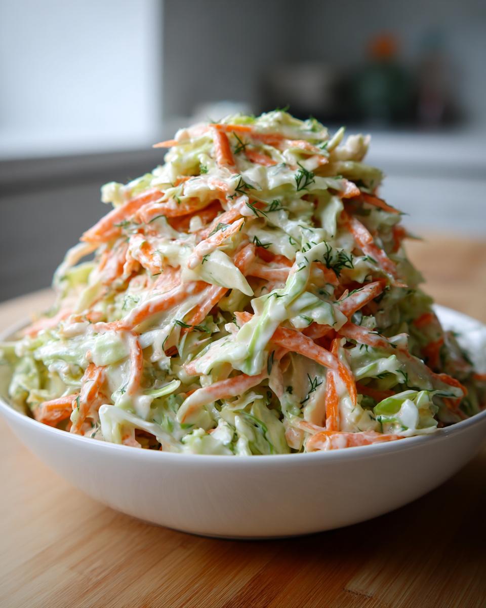 A bowl overflowing with creamy Southern coleslaw, featuring shredded cabbage, carrots, and a rich dressing.