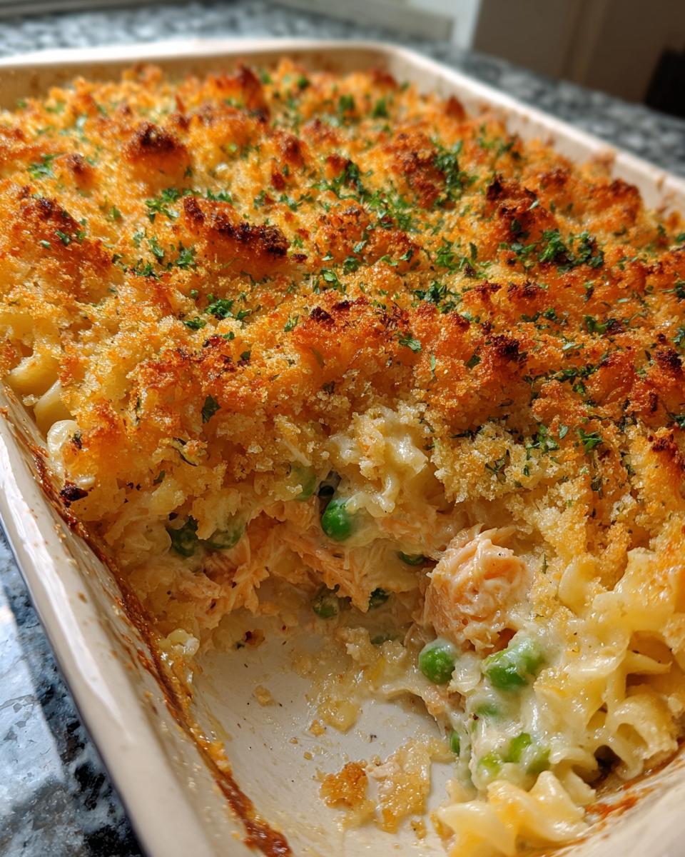 Close-up of a creamy Tuna Casserole with a golden-brown breadcrumb topping, garnished with parsley.