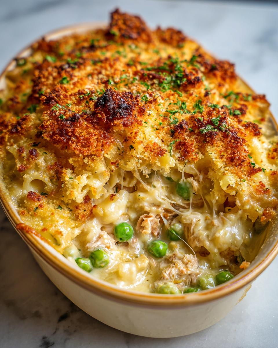 Close-up of a creamy Tuna Casserole with a golden, crunchy topping, peas, and visible tuna.