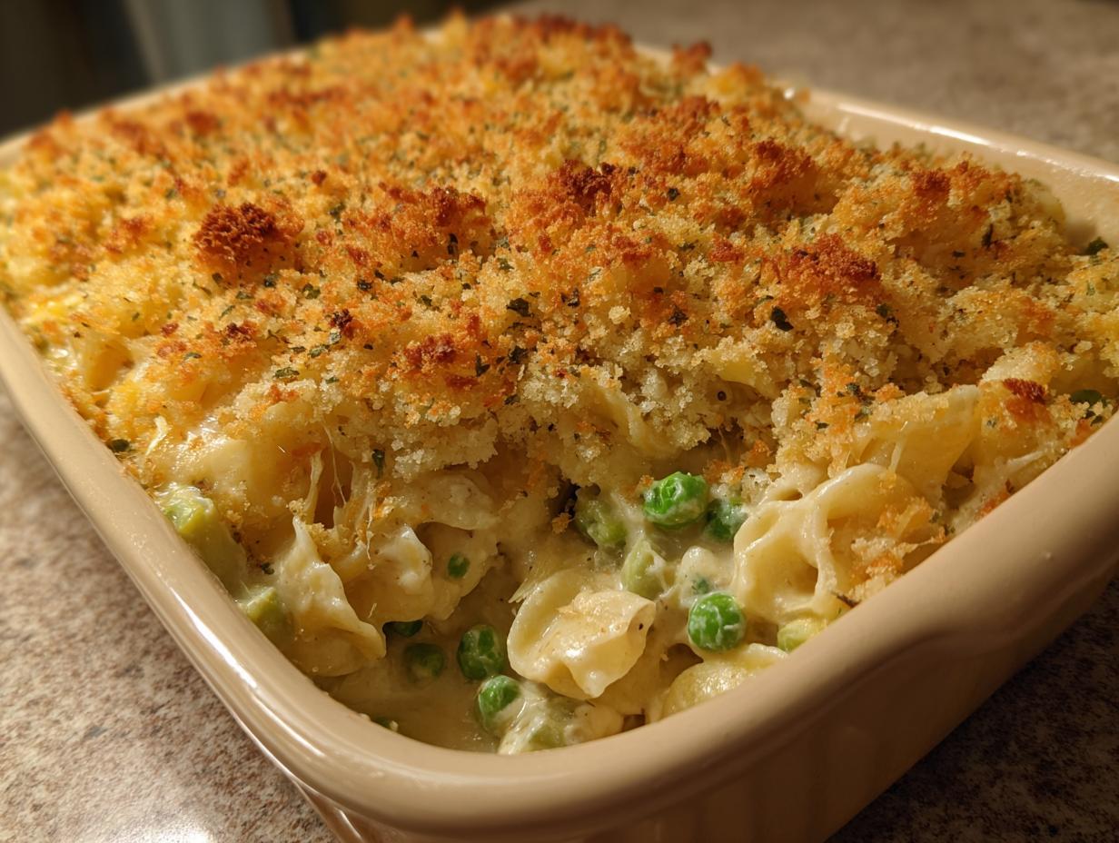Close up of creamy Tuna Casserole with a golden, crispy topping, pasta, tuna, and peas in a baking dish.