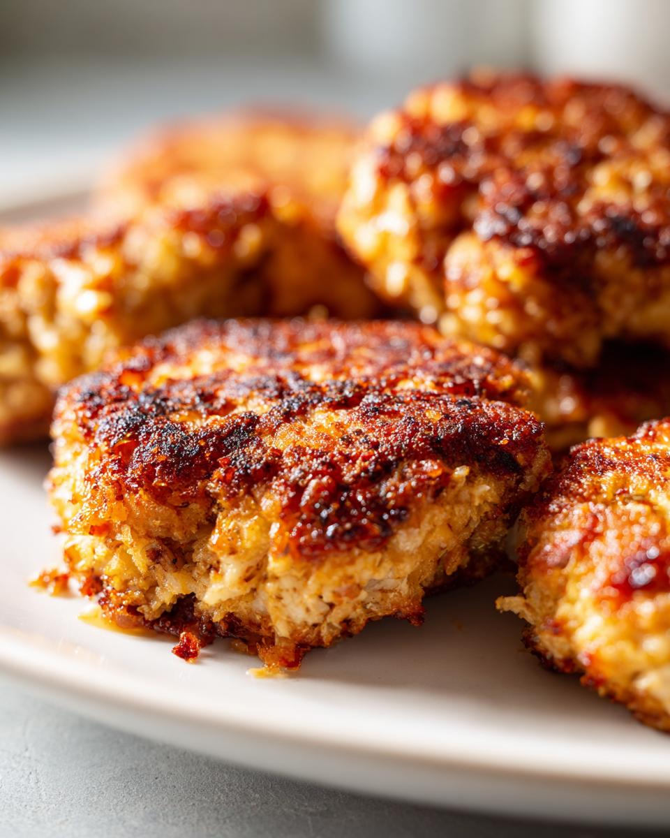 Close-up of crispy, golden-brown Tuna Patties on a white plate, showcasing their texture and appetizing appearance.