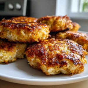 A stack of golden brown, crispy Tuna Patties are piled on a white plate, ready to be served.