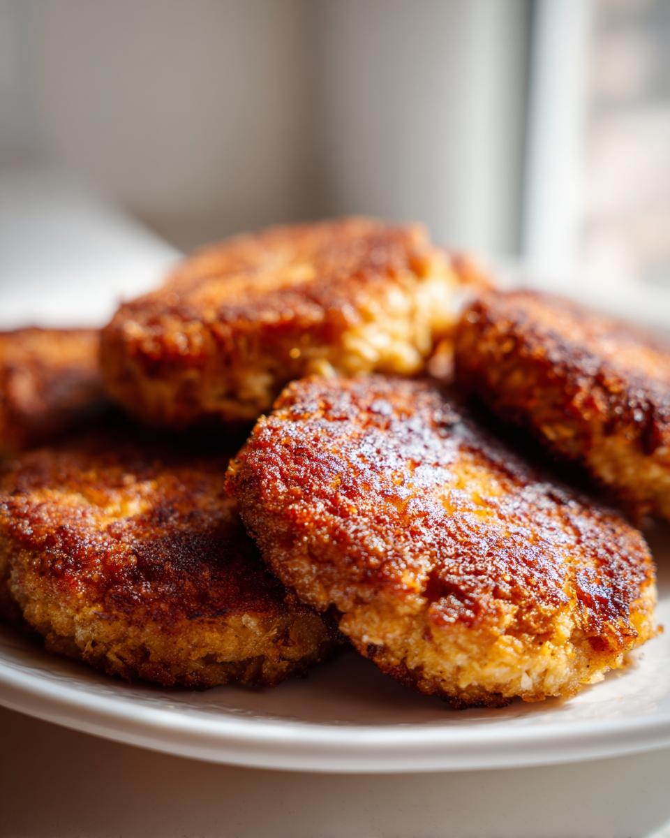 Close-up of golden brown Tuna Patties stacked on a white plate, showcasing their crispy texture.