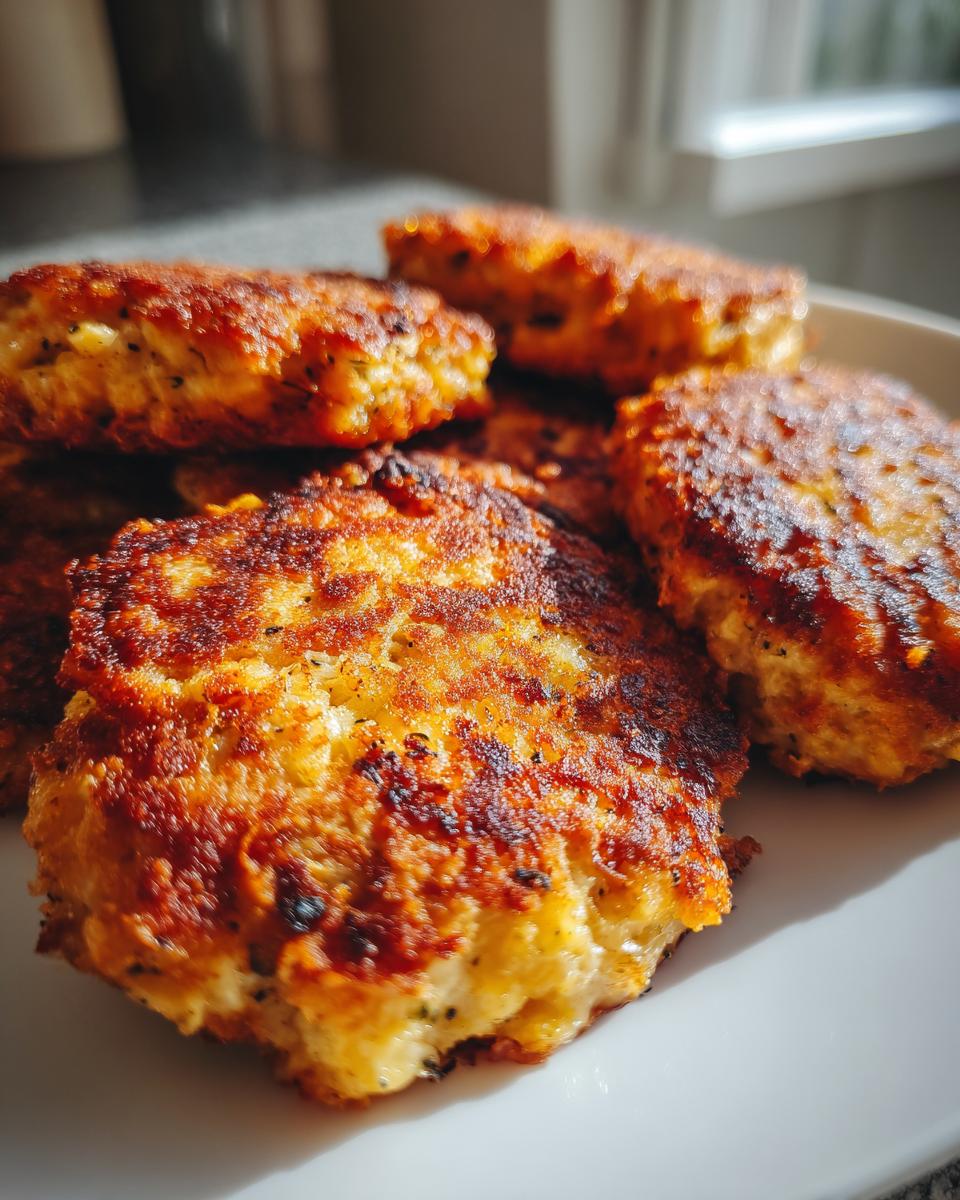 A close-up of golden-brown tuna patties stacked on a white plate, showcasing their crispy texture.