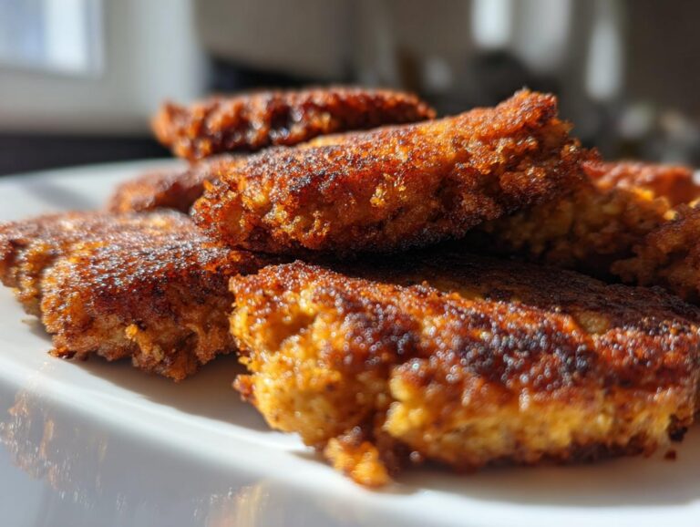 Close-up of golden brown, crispy Tuna Patties stacked on a white plate, ready to eat.