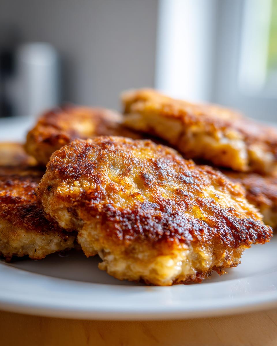 Close-up of crispy, golden brown tuna patties stacked on a white plate, ready to eat.