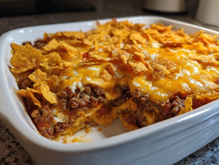 A freshly baked Dorito Casserole in a white dish, topped with melted cheese and crushed Doritos.