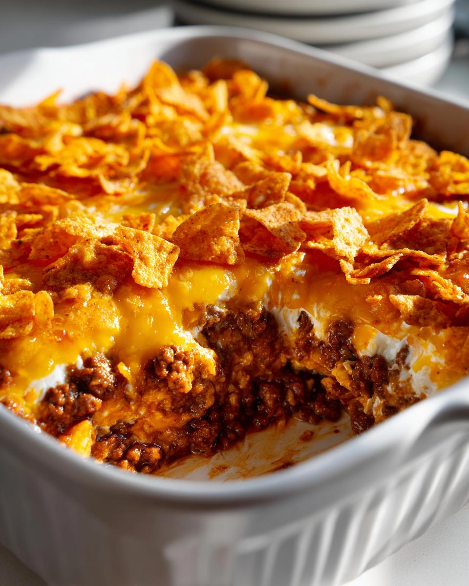 Close-up of a Dorito Casserole in a white baking dish, showing layers of meat, cheese, and crushed Doritos.