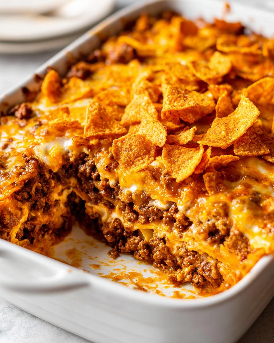 Close-up of a cheesy Dorito Casserole with layers of ground beef and Doritos in a white baking dish.