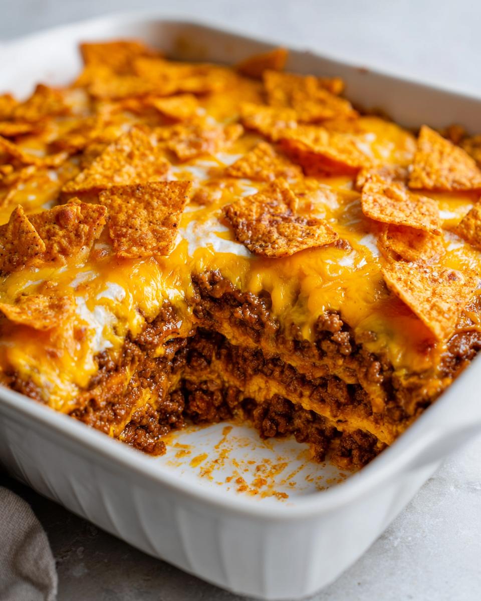 A freshly baked Dorito Casserole in a white dish, showing layers of meat, cheese, and Doritos.