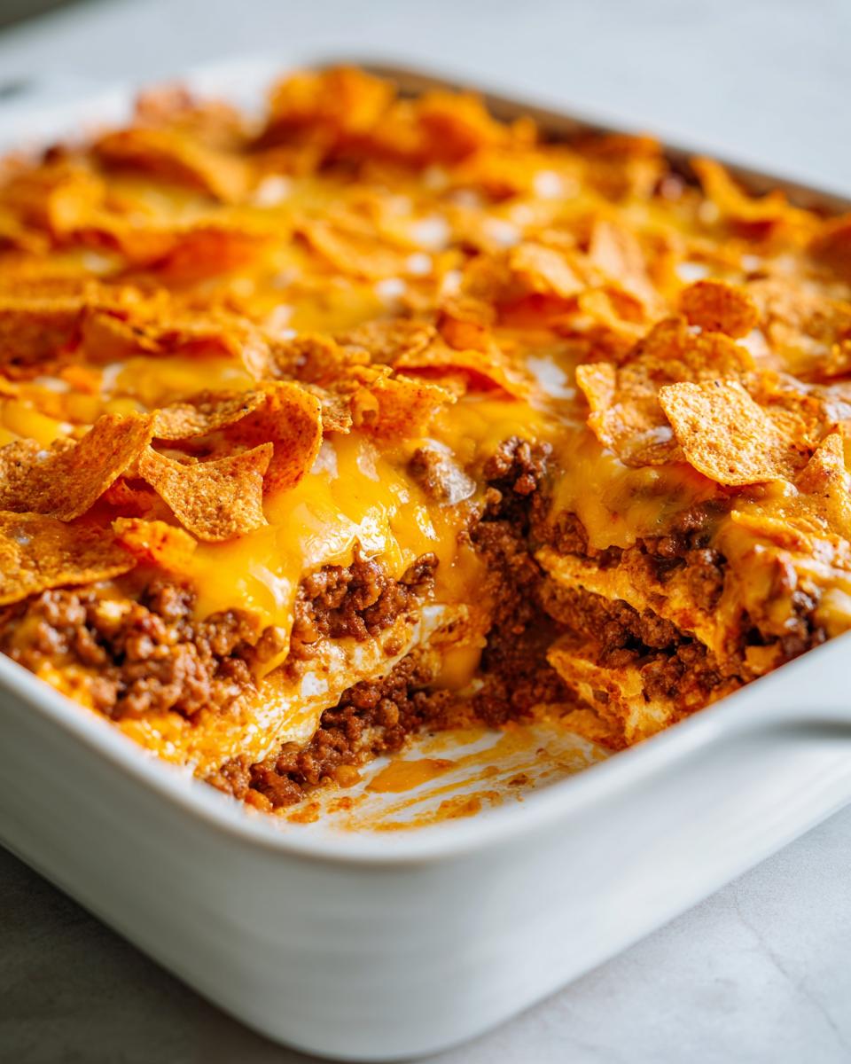 A cheesy Dorito Casserole with layers of ground beef, cheese, and Doritos in a white baking dish.