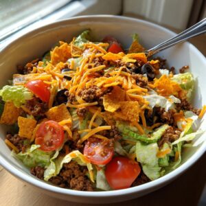 Overhead shot of a Dorito taco salad in a white bowl with lettuce, tomatoes, cheese, and ground beef.