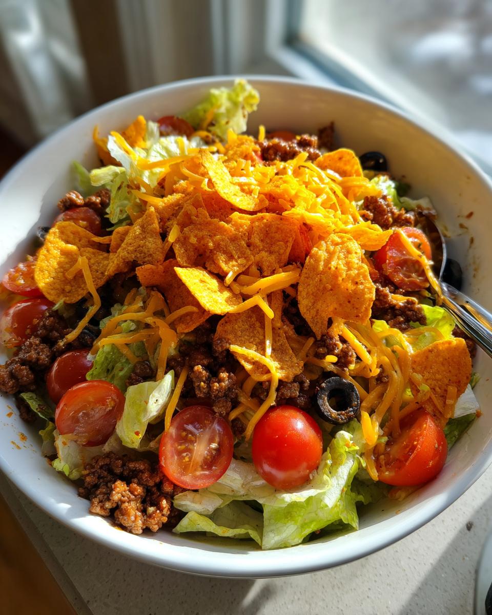 Overhead shot of a Dorito taco salad in a white bowl, featuring lettuce, tomatoes, ground beef, olives, and Doritos.