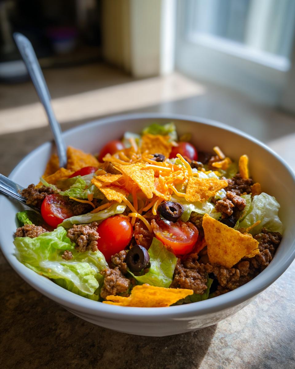 A delicious Dorito taco salad in a white bowl, featuring lettuce, ground beef, tomatoes, olives, and shredded cheese.