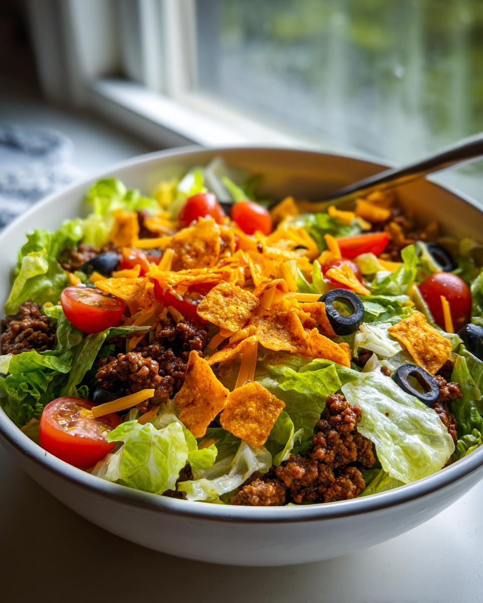 A vibrant Dorito taco salad in a white bowl, featuring lettuce, ground beef, tomatoes, olives, and Dorito chips.