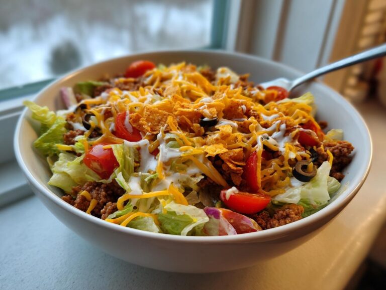 A vibrant Dorito taco salad in a white bowl, featuring lettuce, ground beef, tomatoes, olives, cheese, Doritos, and dressing.