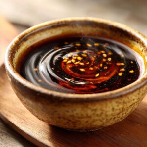 Close-up of a bowl of flavorful Dumpling Sauce with chili oil and sesame seeds.