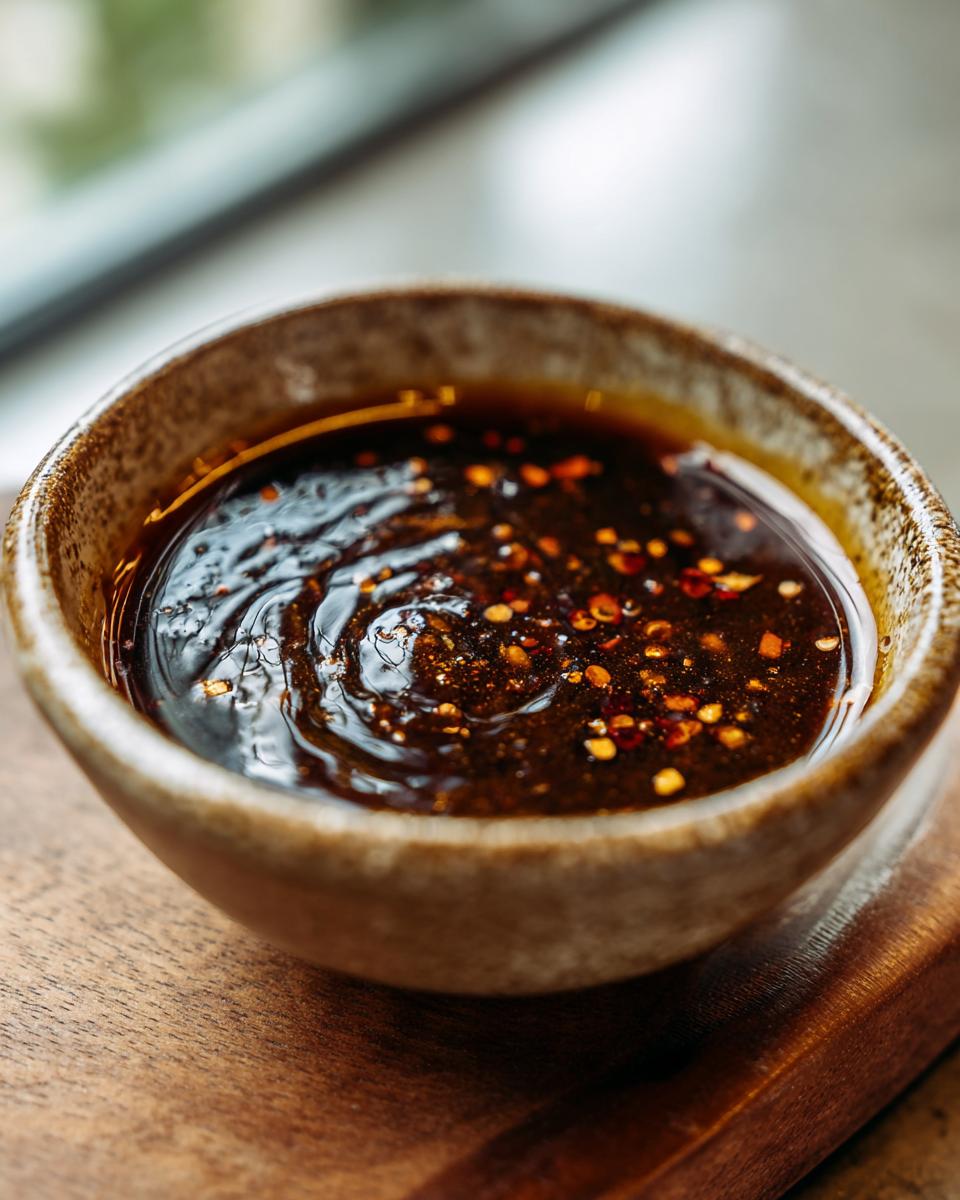 A bowl of flavorful homemade Dumpling Sauce with chili flakes, ready to serve.