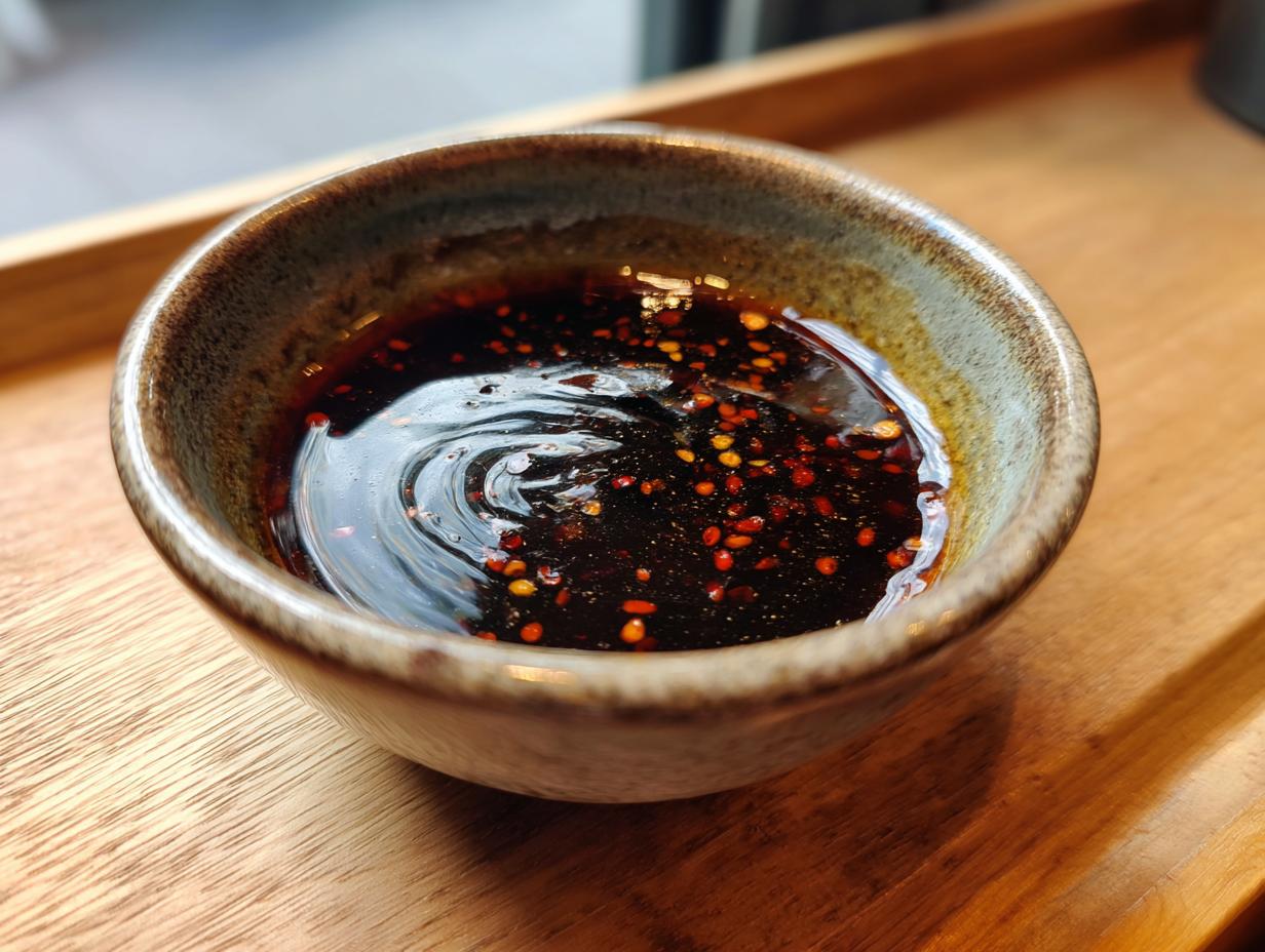 Close-up of a bowl of homemade Dumpling Sauce with chili flakes, ready to serve.