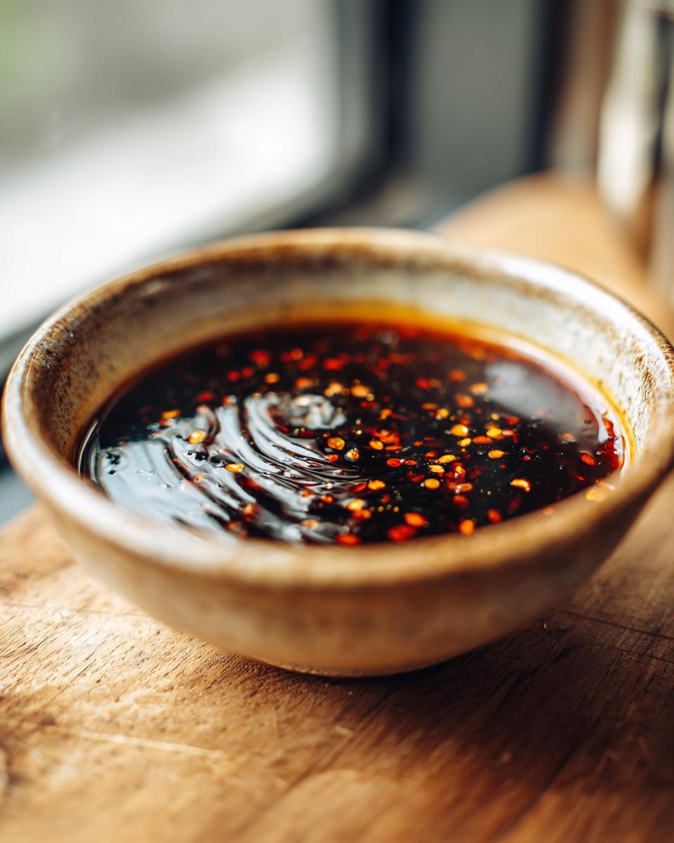 Close-up of a bowl of dumpling sauce with chili flakes, ready to serve.