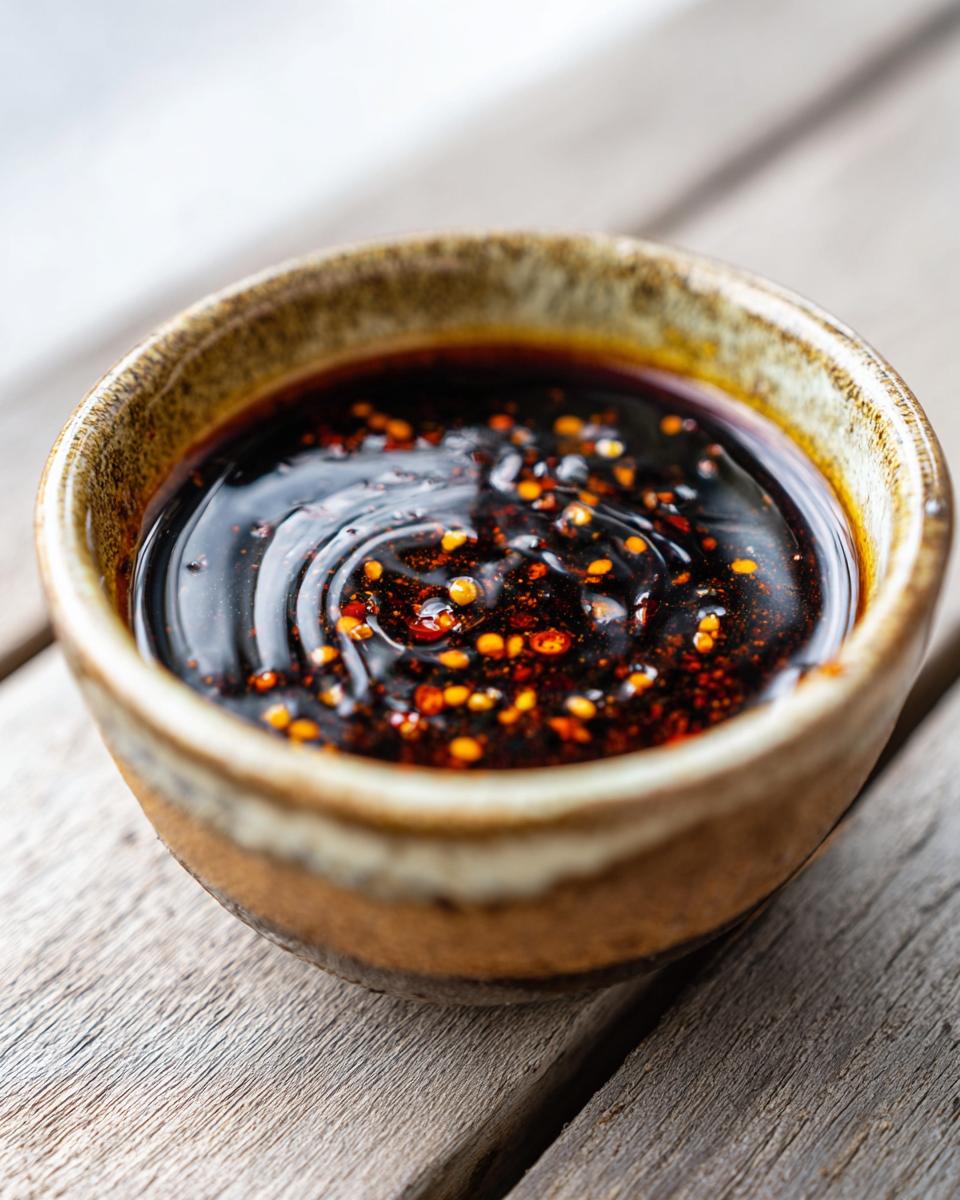 Close-up of a small bowl filled with homemade Dumpling Sauce, featuring red pepper flakes.