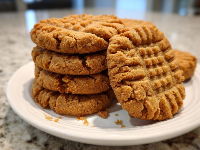 A stack of homemade Easy Peanut Butter Cookies on a white plate, showing the classic fork-press pattern.