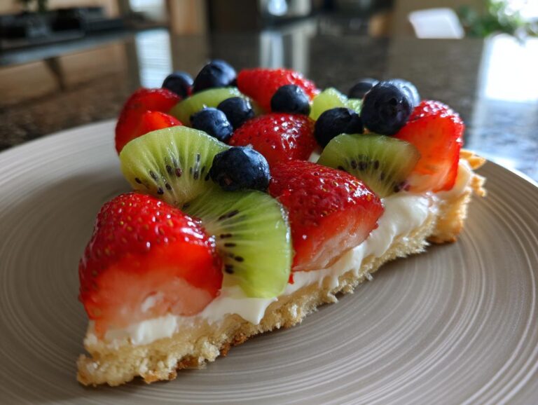 A slice of fruit pizza sugar cookie topped with strawberries, kiwi, and blueberries on a sugar cookie crust.