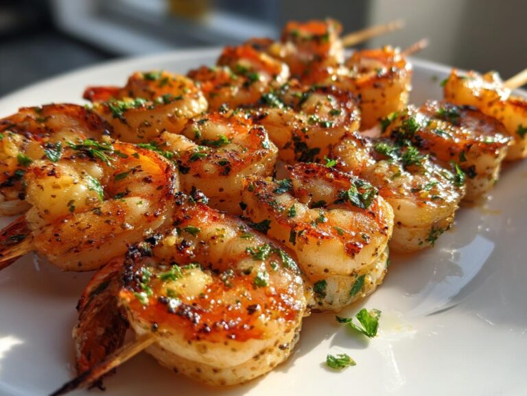 Close-up of grilled garlic shrimp skewers, seasoned with herbs, on a white plate.