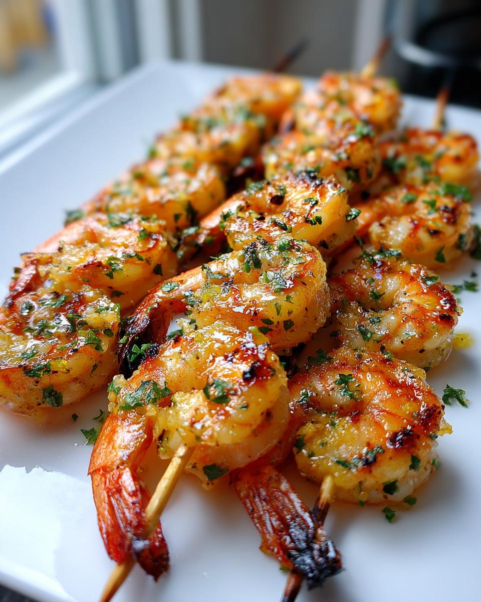 Close-up of grilled garlic shrimp skewers seasoned with herbs, presented on a white plate.