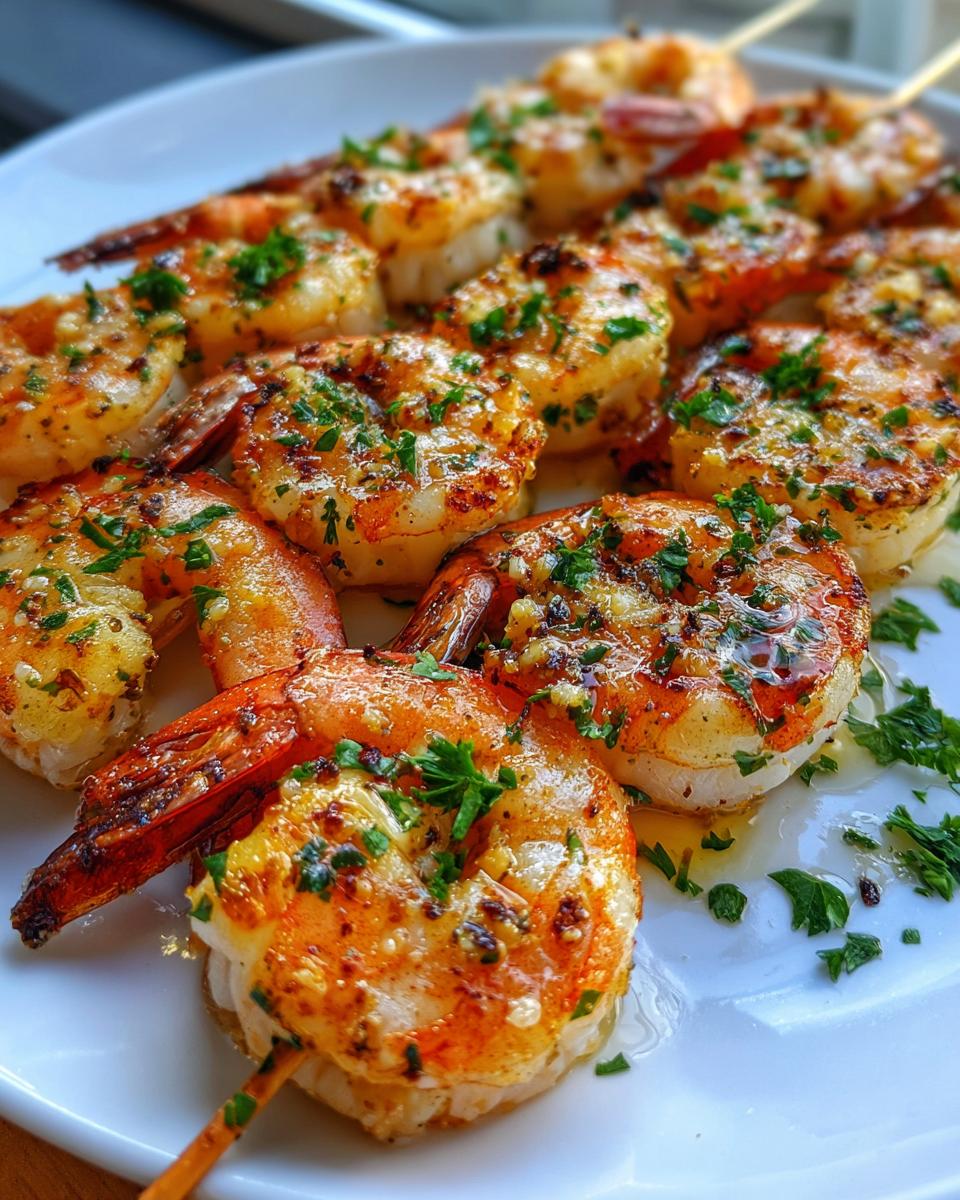 Close-up of grilled garlic shrimp skewers, seasoned with herbs, presented on a white plate.