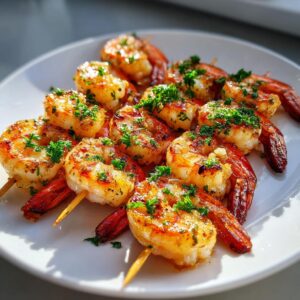 A plate of grilled garlic shrimp skewers, seasoned and garnished with fresh herbs.