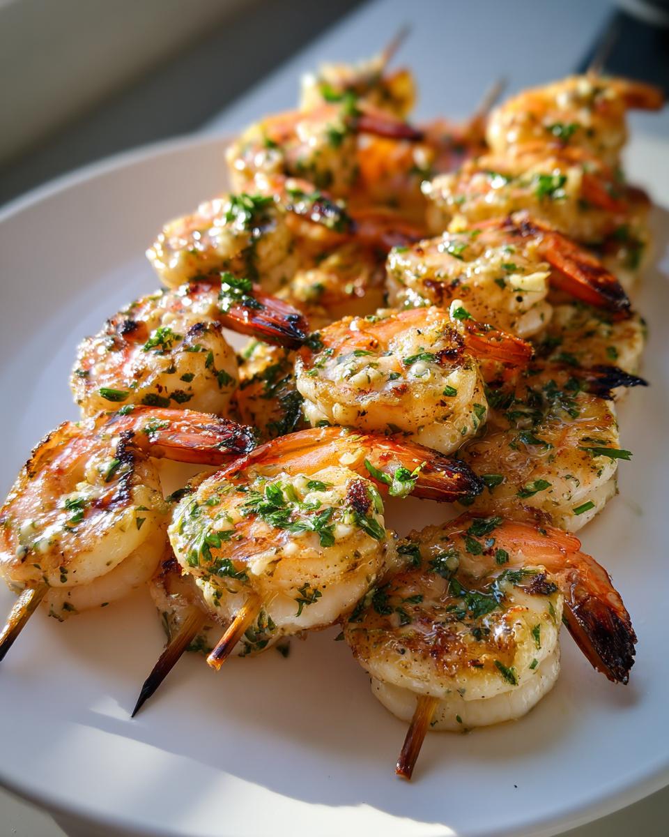 Plate of grilled garlic shrimp skewers, seasoned with herbs and glistening with garlic butter.