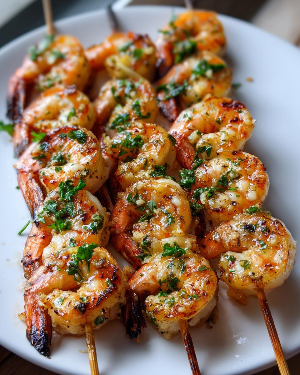 A plate of grilled garlic shrimp skewers, seasoned with herbs and garlic, ready to eat.