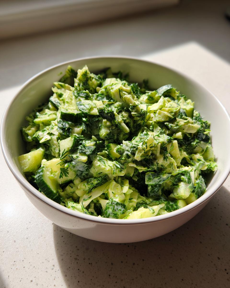 Bowl of vibrant Green Goddess Salad with cucumbers, cabbage, and herbs.