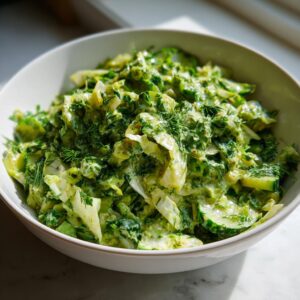 Close-up of a vibrant Green Goddess Salad in a white bowl, featuring fresh herbs and vegetables.