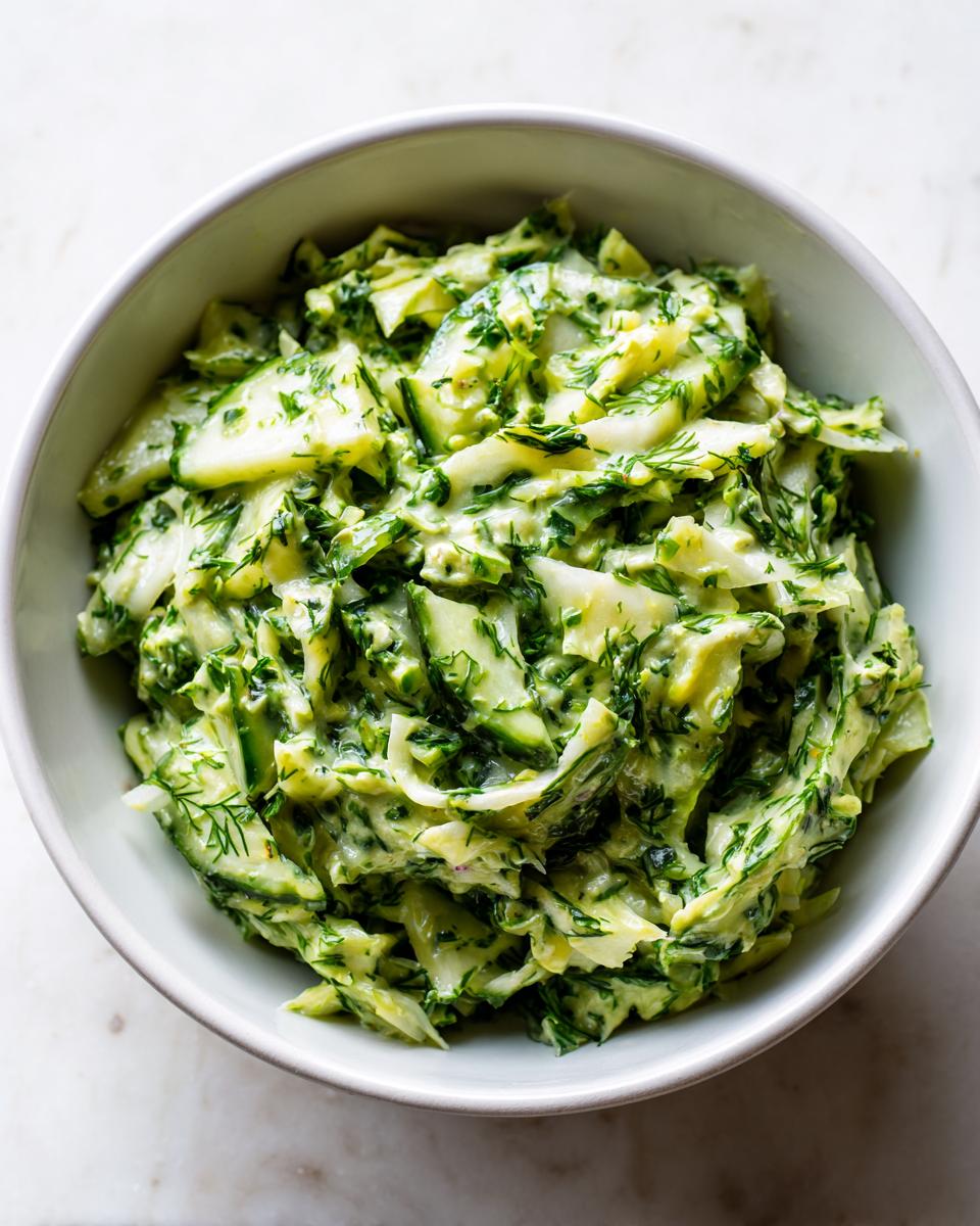 Overhead shot of a Green goddess salad in a white bowl, featuring green vegetables and creamy dressing.